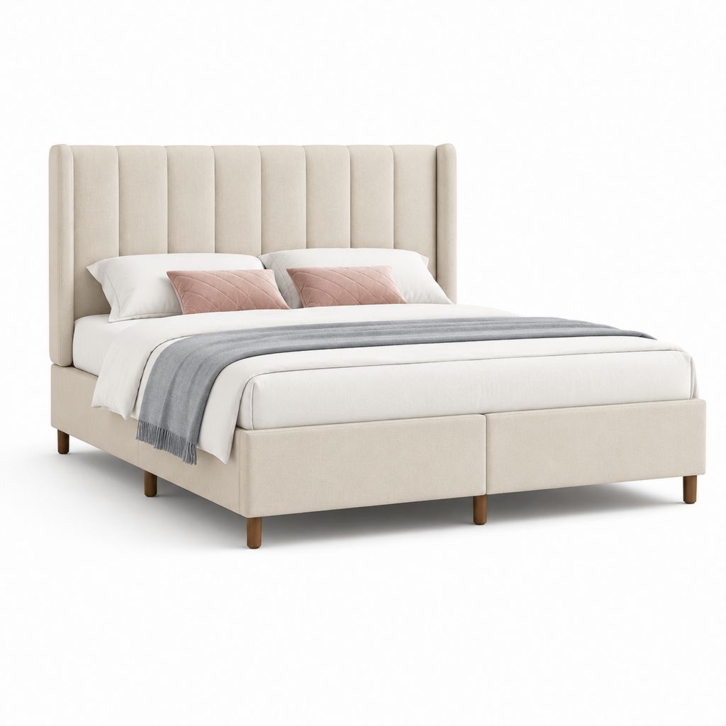 Rechteckiges Polsterbett Doppelbett Beige mit Polyesterbezug und Massivholzfüßen 180 x 200 cm