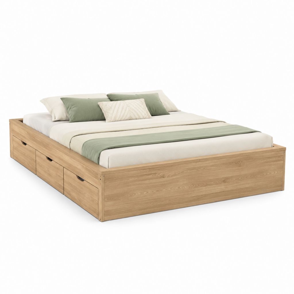 Stauraumbett Doppelbett Eiche Natur Spanplatte rechteckig 160 x 200 cm