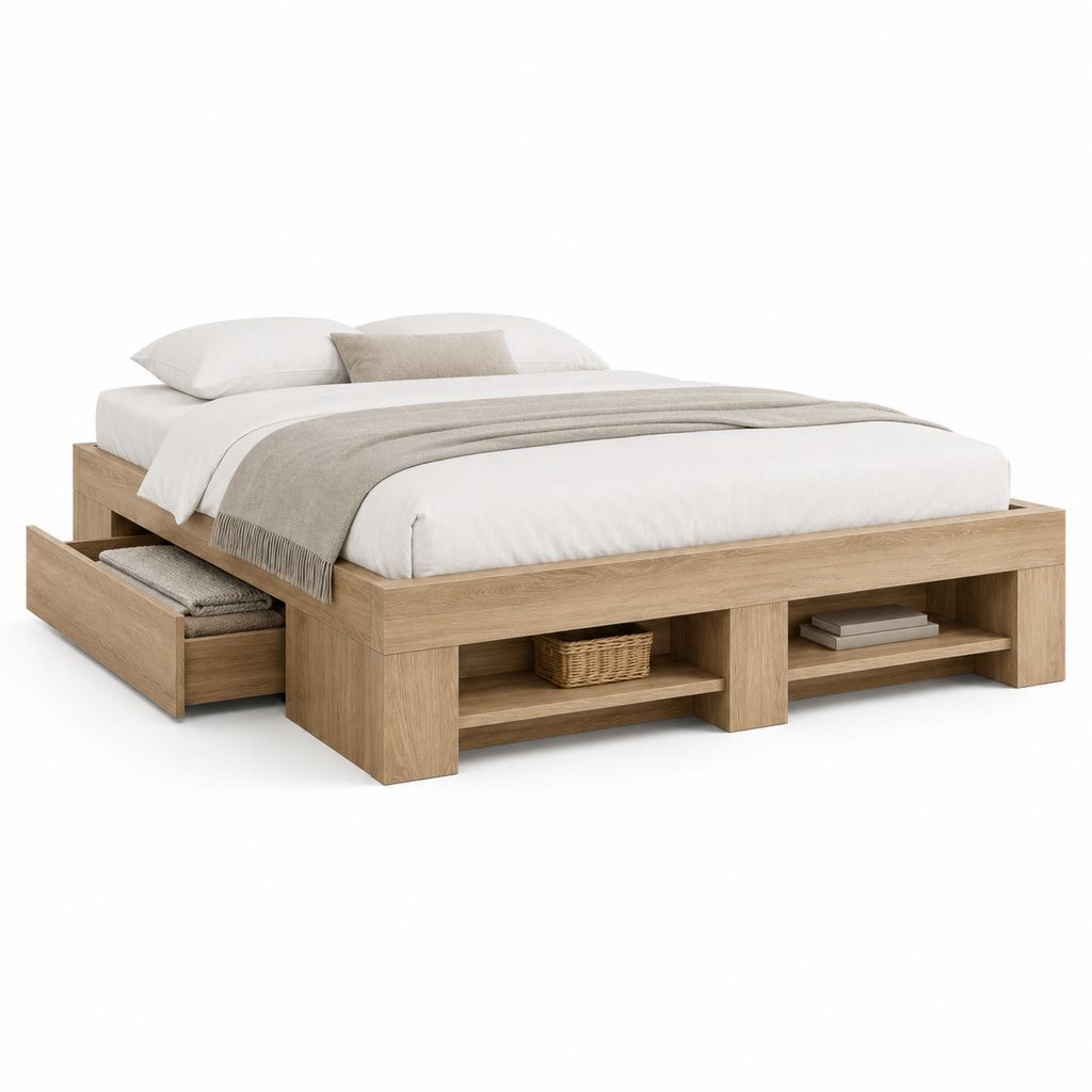 Stauraumbett Doppelbett Eiche hell Spanplatte rechteckig 160 x 200 cm
