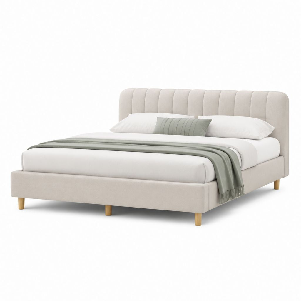 Polsterbett Doppelbett Creme Polyester mit gepolstertem Kopfteil 160 x 200 cm