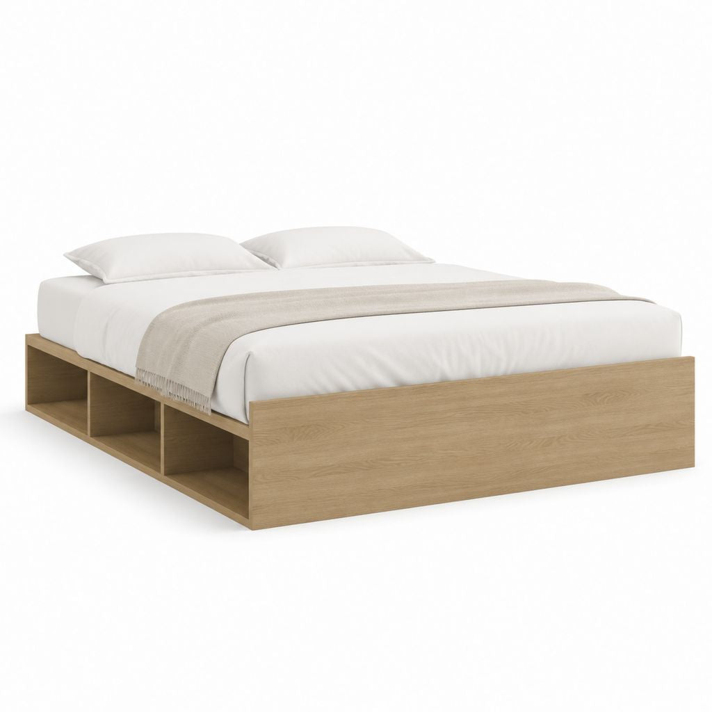 Doppelbett Bettgestell Eiche-Optik aus Spanplatte rechteckig für 160 x 200 cm Matratze mit offenen Seitenfächern 166 x 205 x 45 cm